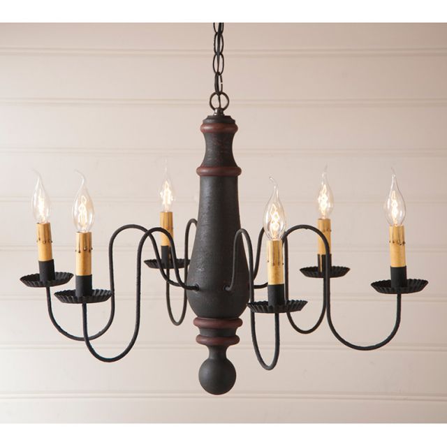 Black and red chandelier with six candle-style lights on a beige background