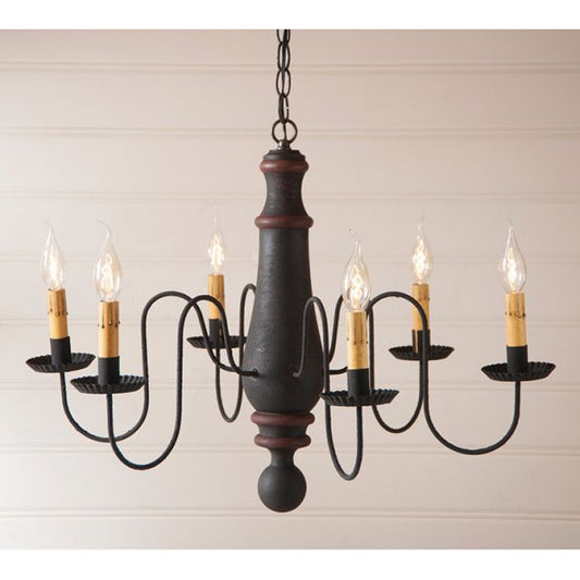Black and red chandelier with six candle-style lights on a beige background