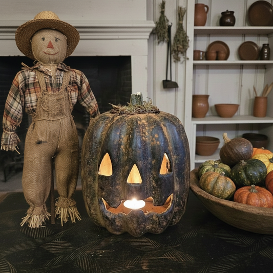 Lit carved pumpkin in room setting