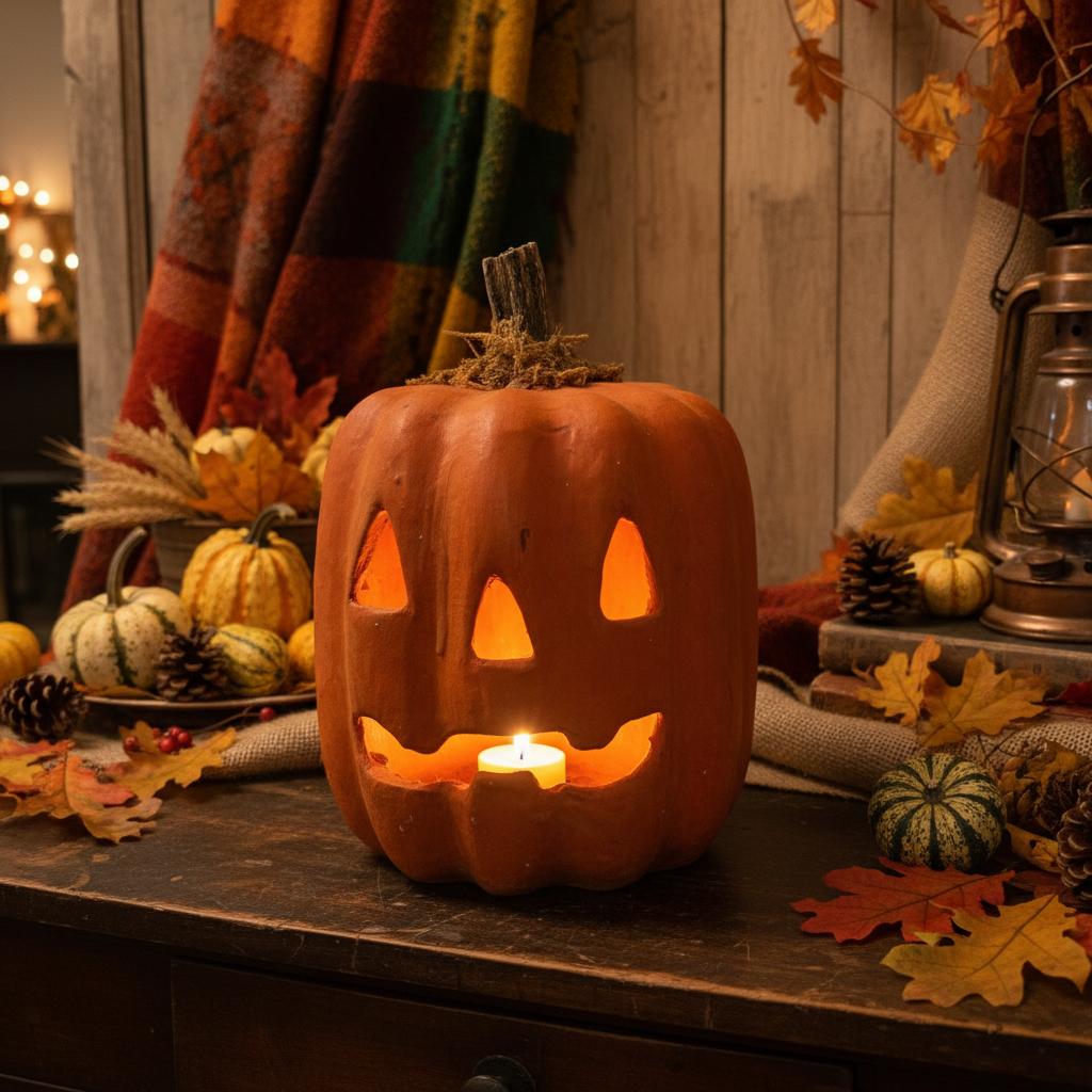 Carved pumpkin with glowing candle on a rustic wooden table with autumn decorations.