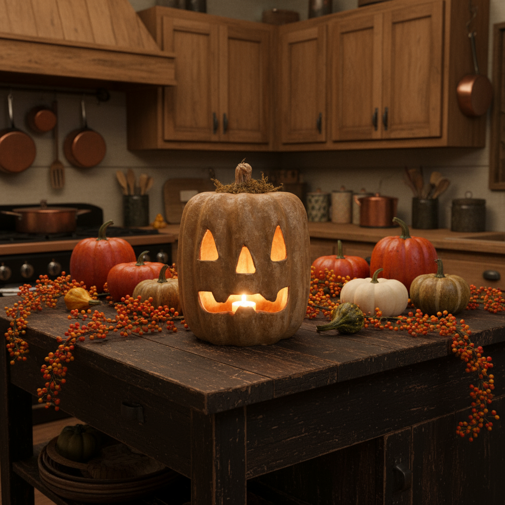 Jack-o'-lantern on a rustic kitchen counter with pumpkins and autumn decorations.
