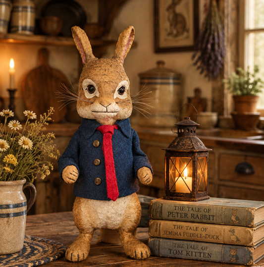 Papier mache figure of Peter Rabbit next to books by Beatrix Potter and a miniature lantern in a primitive kichen.