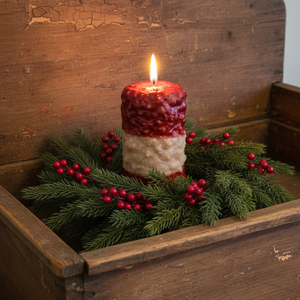 Decorative candle with greenery and berries in a wooden box against a rustic wooden background