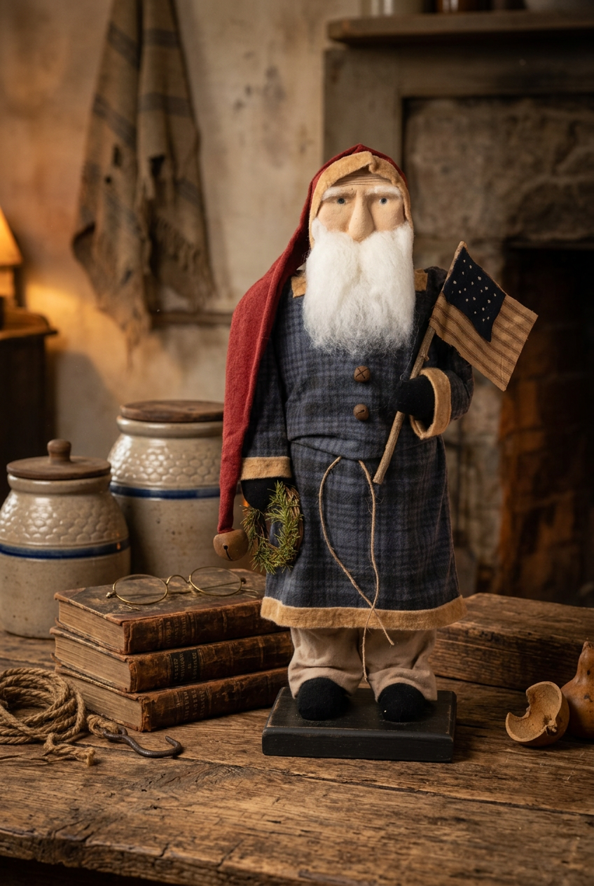 Primitive belsnickel on table holding flag and wreath with old books and crocks.