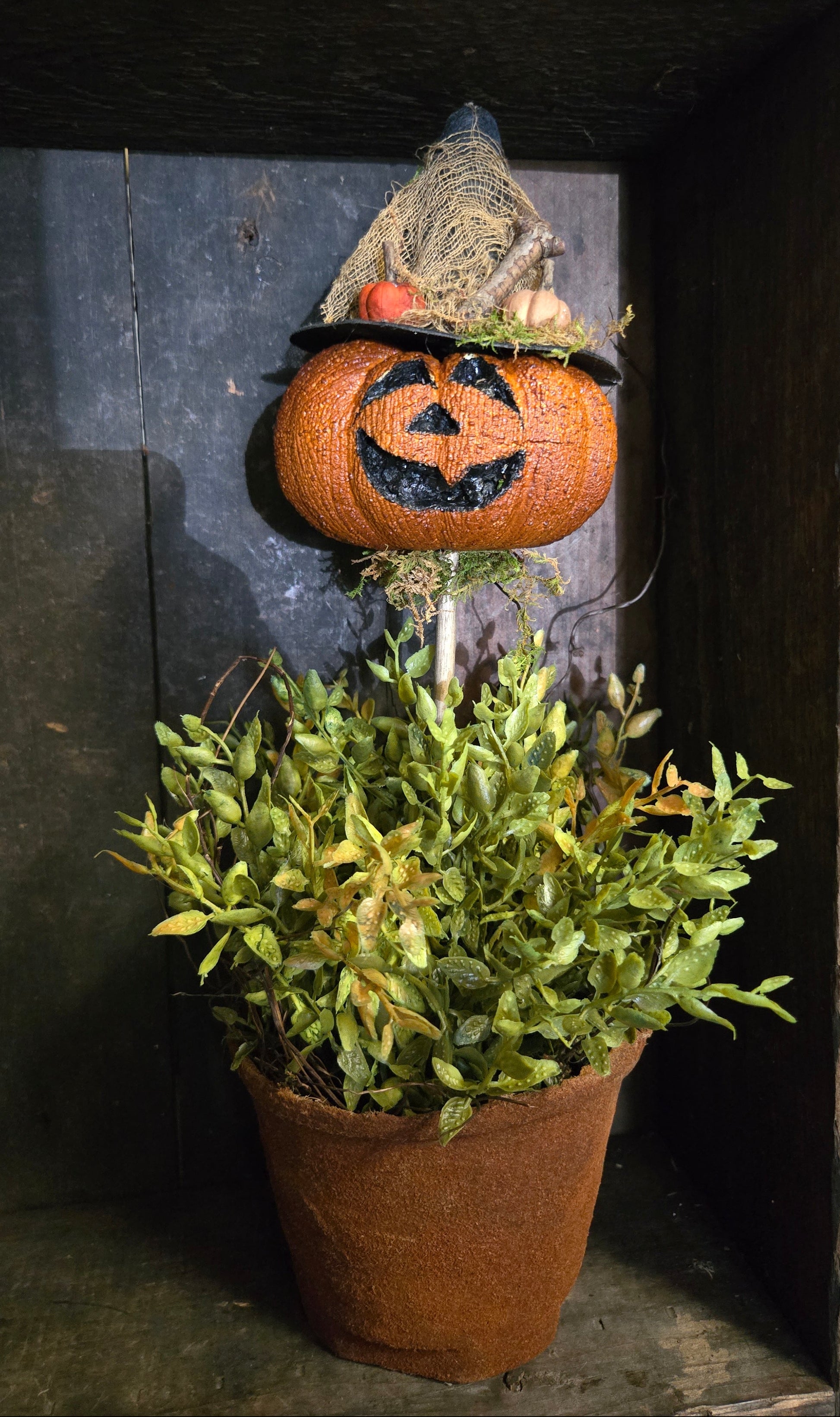 Potted plant with a decorative pumpkin topiary against a rustic wooden background