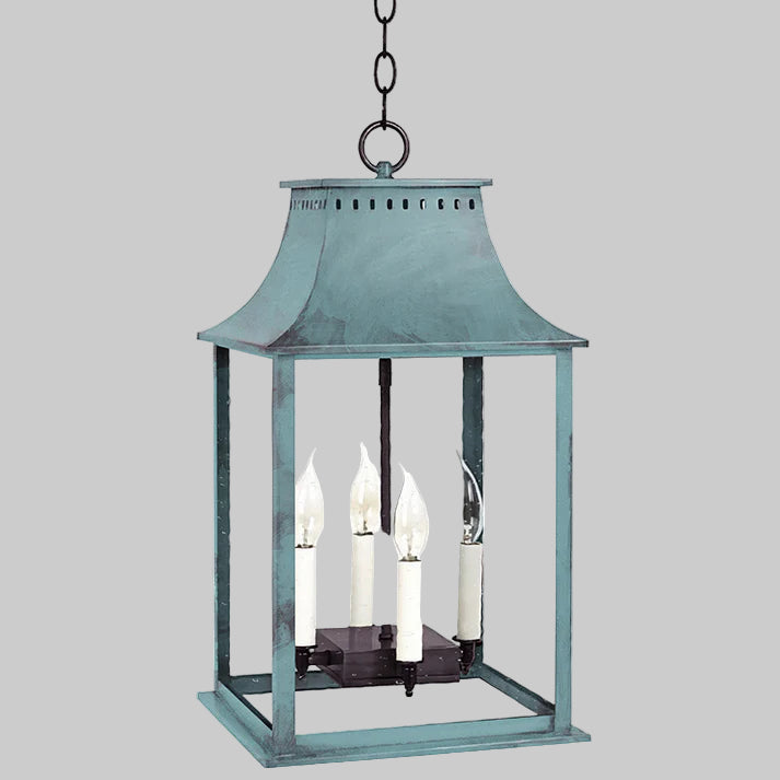 Decorative hanging lantern with glass panels on a white background