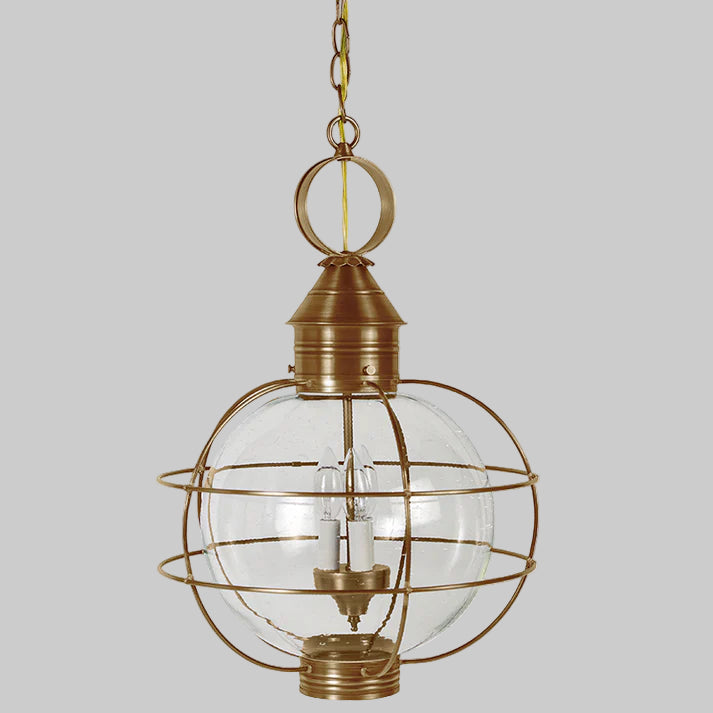 Bronze pendant light with clear glass shade on a white background