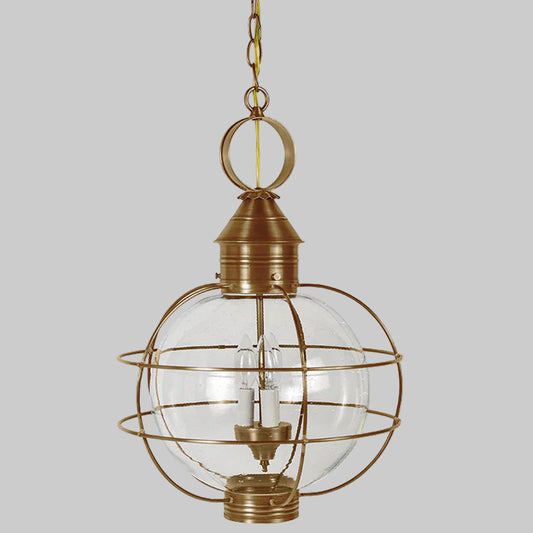 Bronze pendant light with clear glass shade on a white background
