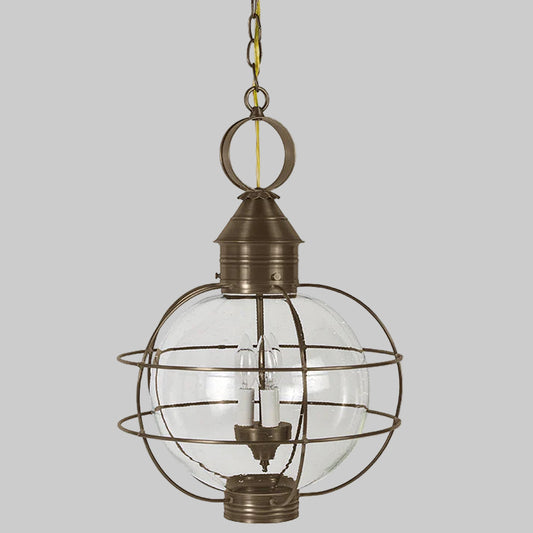Bronze pendant light with glass cage on a white background