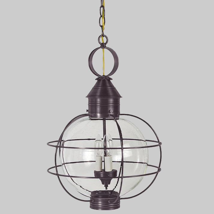 Pendant light with cage design on a white background