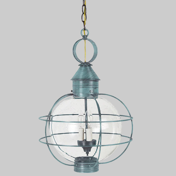Vintage-style pendant light with clear glass shade and metal cage on a white background
