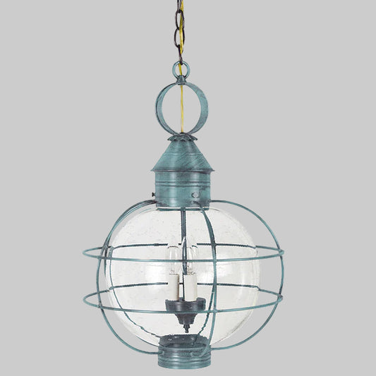 Vintage-style pendant light with clear glass shade and metal cage on a white background
