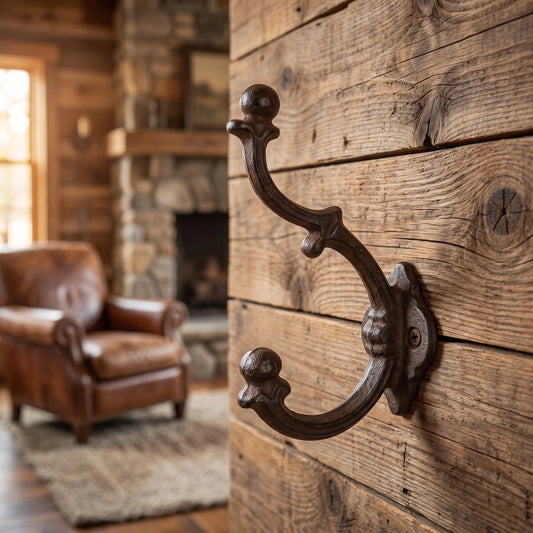 A rustic dark metal coat rack hook mounted on a weathered wooden wall, with a blurred cabin interior including a leather armchair and stone fireplace in the background.
