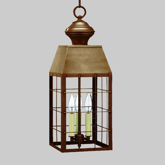 Bronze hanging lantern with glass panels on a white background