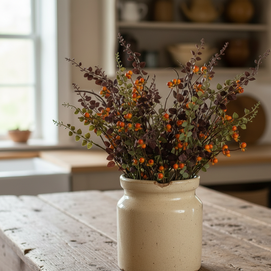 Decorative vase with artificial plants on a wooden table in a home setting