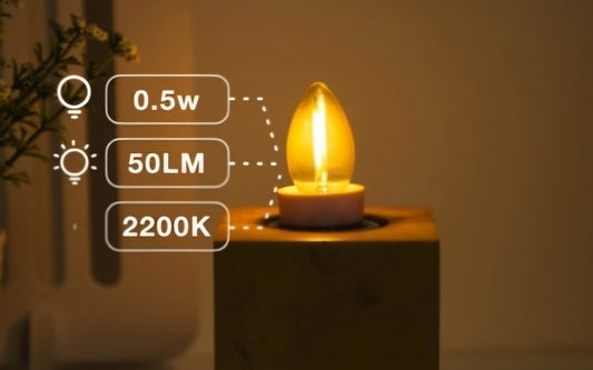 An LED bulb with a warm glow, displaying its power consumption, luminosity, and color temperature on the image overlay.