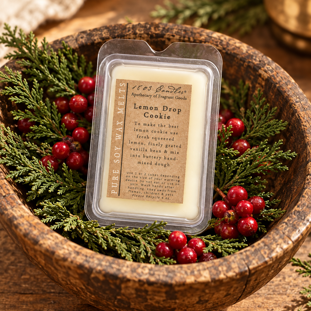 A packaged soy wax melt labeled 'Lemon Drop Cookie' by 1853 Garden Apothecary of Fragrance Co., displayed in a rustic wooden bowl with evergreen branches and red berries.