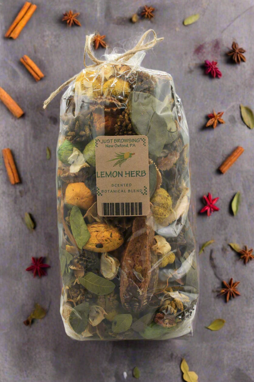 Bag of lemon herb blend with a label on a gray background