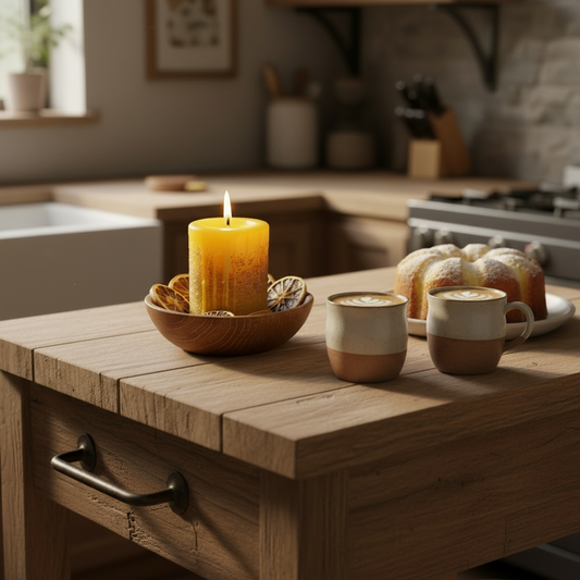 Candle and mugs on a wooden table with a kitchen background