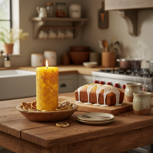 Candle and cake on a wooden table in a kitchen setting