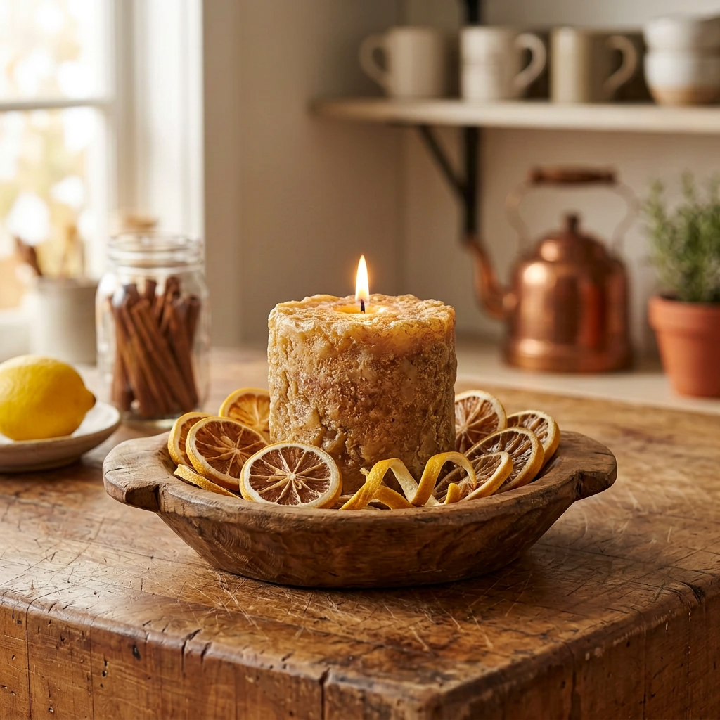 Lit Lemon Shortbread small textured golden pillar candle in a rustic wooden bowl surrounded by dried lemon slices and curled lemon peel.