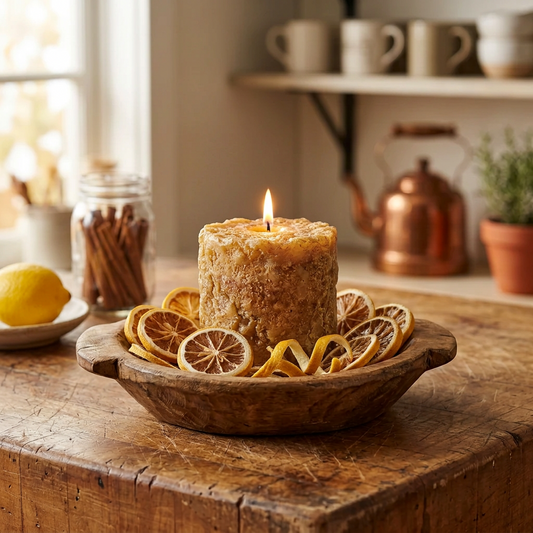 Lit Lemon Shortbread small textured golden pillar candle in a rustic wooden bowl surrounded by dried lemon slices and curled lemon peel.