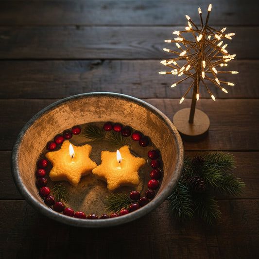 Star-shaped floating candles in a tin bowl with christmas tree and greens beside it.