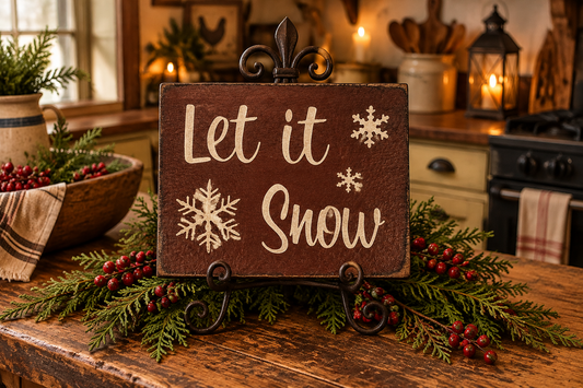 A rustic brown wooden sign reading 'Let it Snow' in cream lettering, displayed on a black metal easel stand on a wooden table. The sign is decorated with faux snowflakes and surrounded by green pine branches and red berries in a cozy, warmly lit kitchen setting.