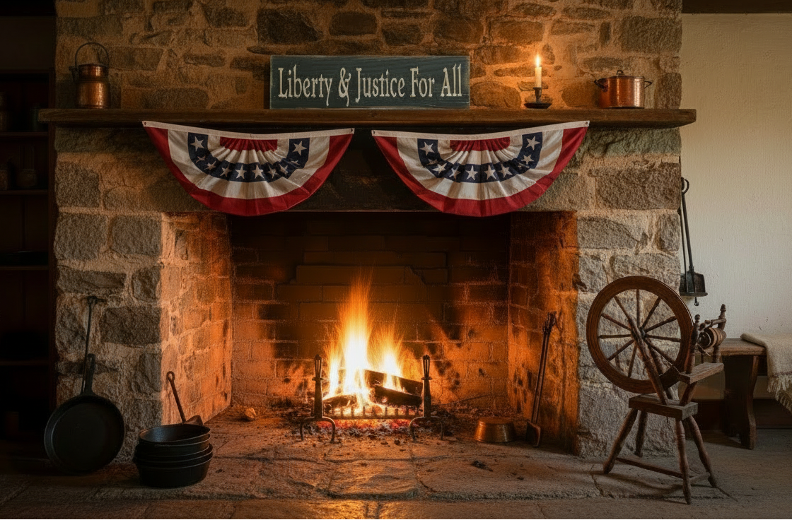 Cozy room with stone fireplace, lit fire, and rustic decor.
