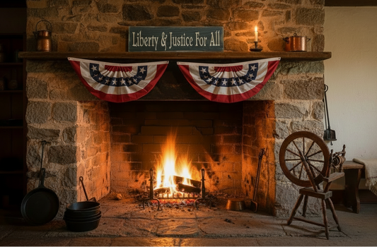 Cozy room with stone fireplace, lit fire, and rustic decor.