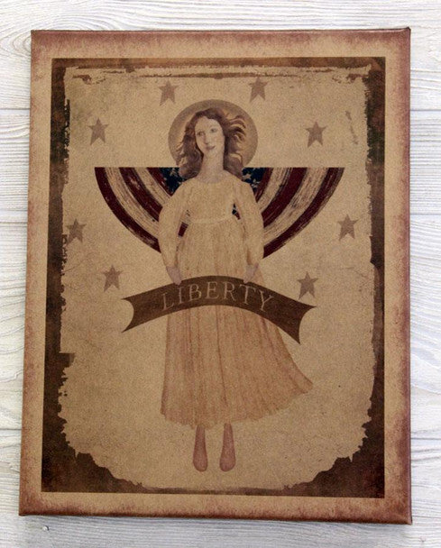Vintage-style poster with a woman holding a banner labeled 'Liberty' against a starry background.