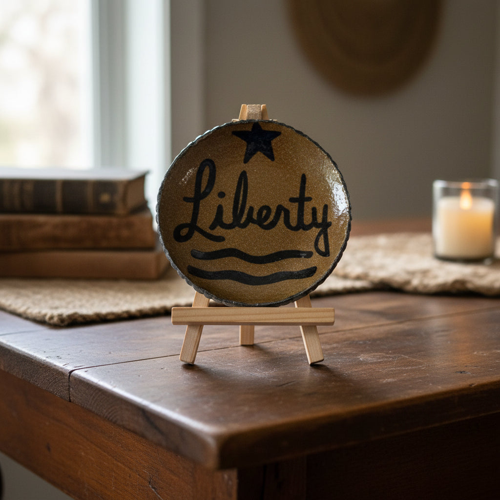 Stoneware plate with "Liberty" on an antique table with books and a votive.