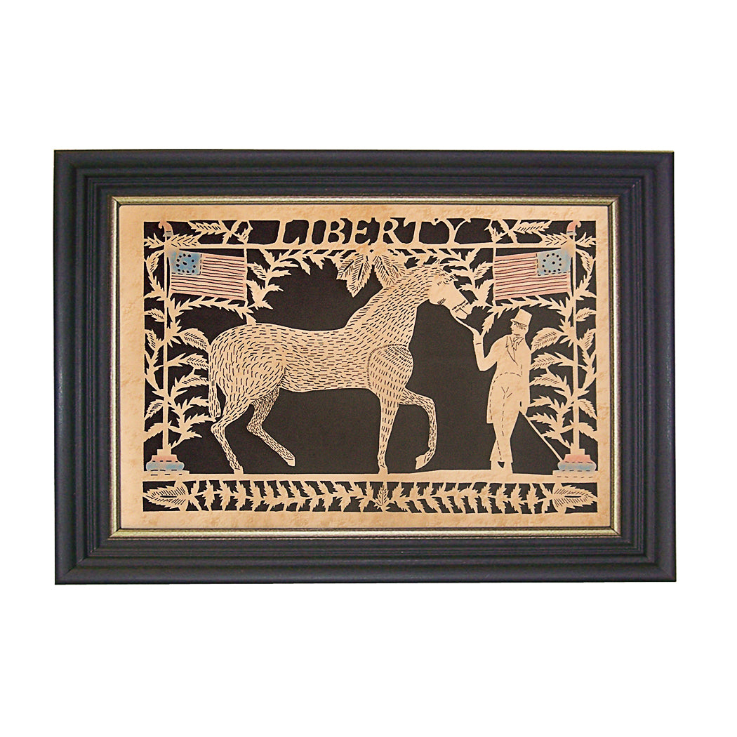 Scherenschnitte paper cutting of horse with soldier with flags in black frame