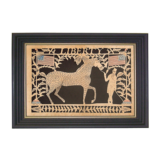 Scherenschnitte paper cutting of horse with soldier with flags in black frame
