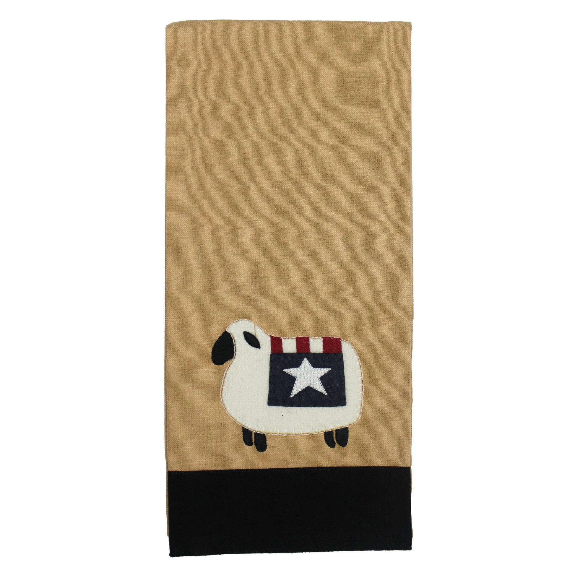 A beige hand towel with a sheep design and a star-patterned American flag on the sheep's head.