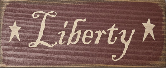Wooden sign with 'Liberty' and stars on a white background