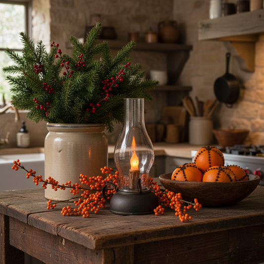 Decorative setup with a jar of greenery, oil lamp, and oranges on a wooden table in a rustic kitchen.