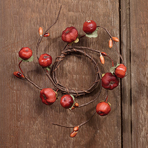 Tiny candle ring with little pumpkins and pip berries on a round brown wire