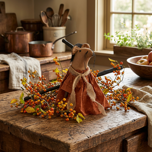 Primitive mouse doll in primitive kitchen with fresh bittersweet