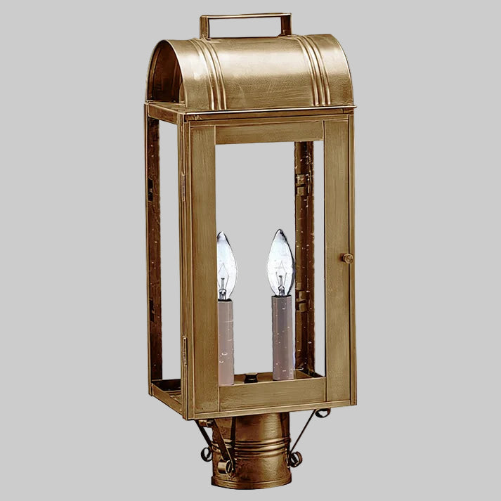 Bronze outdoor lantern with two light bulbs on a gray background
