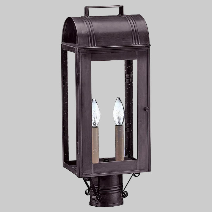 Decorative outdoor lamp with two candle-like lights on a gray background