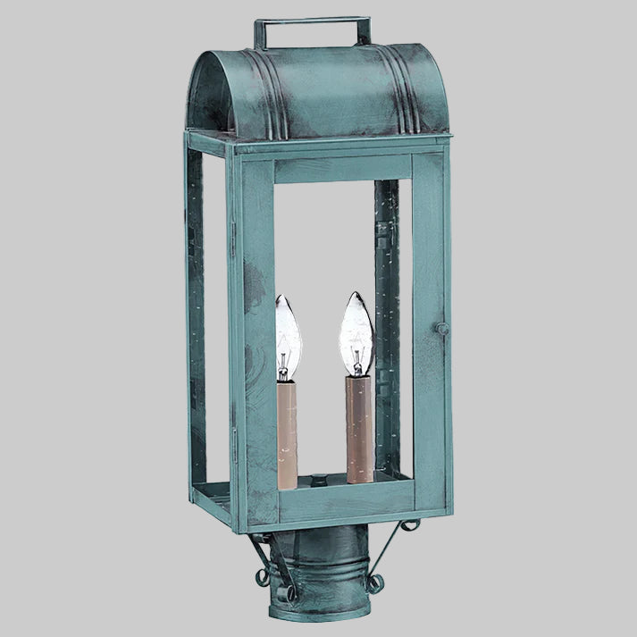 Vintage-style metal lantern with two candle-like lights on a gray background