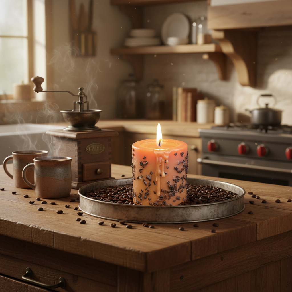 Candle with coffee beans on a wooden surface in a kitchen setting