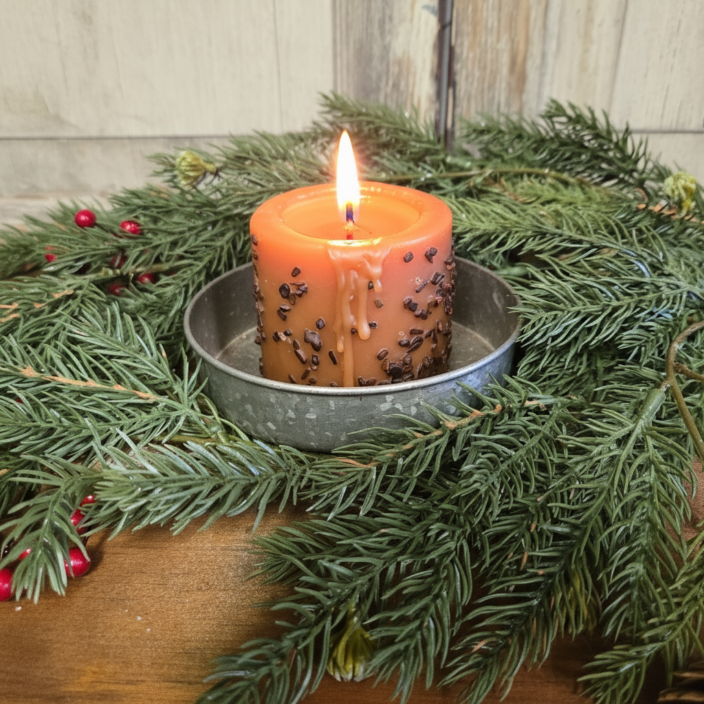 Orange candle with black specks in a metal holder surrounded by greenery on a wooden surface.