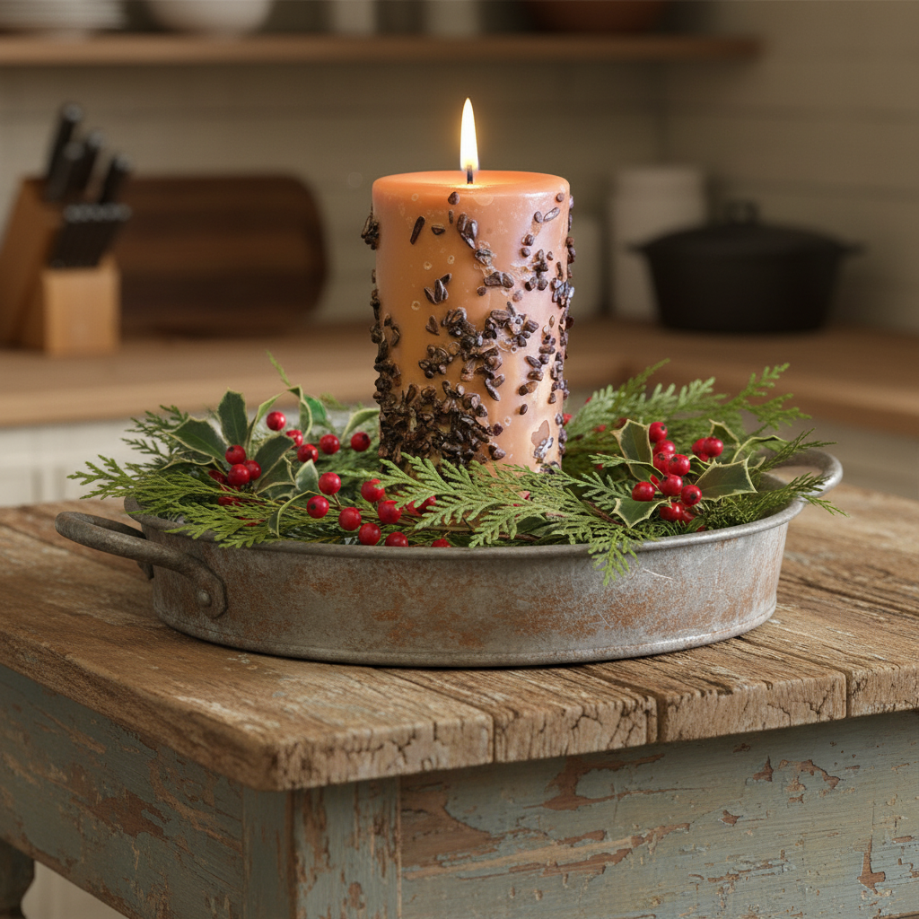 Decorative candle with greenery on a rustic wooden surface