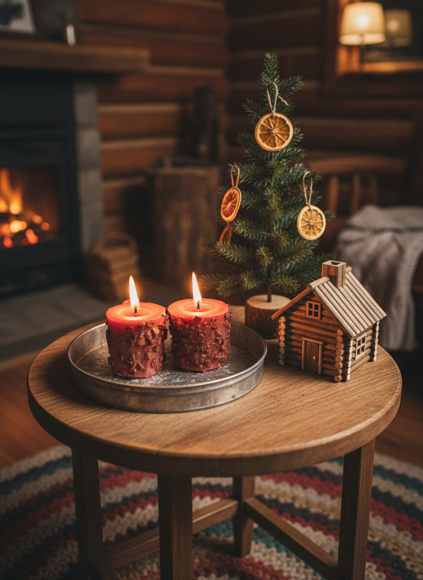 Two burning votives in a tin tray beside a pine tree and log cabin in a room setting.