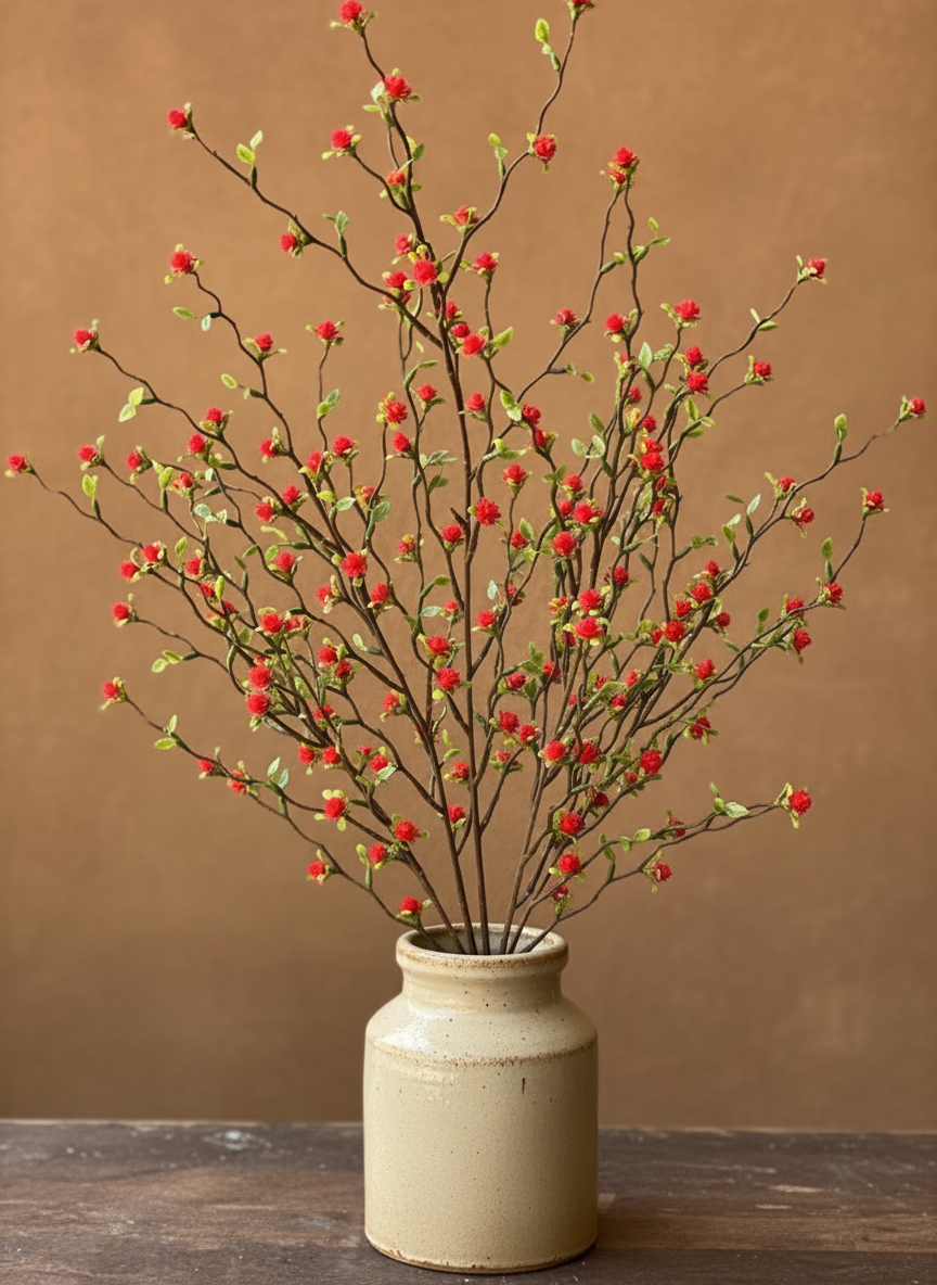 Decorative plant with red berries in a beige vase against a brown background