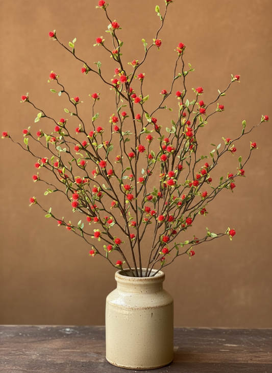 Decorative plant with red berries in a beige vase against a brown background