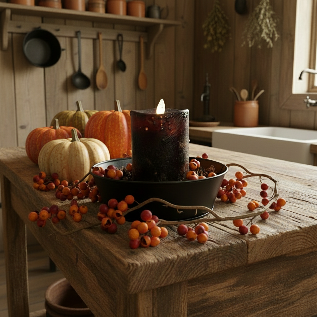 Candle on a wooden table with pumpkins and berries in a rustic kitchen setting