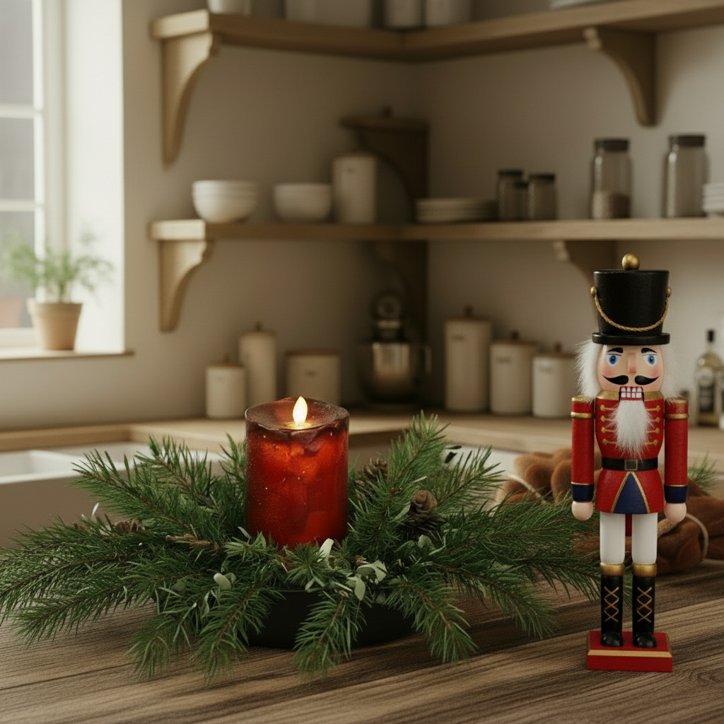 Wooden kitchen island with decorative items in a rustic kitchen setting